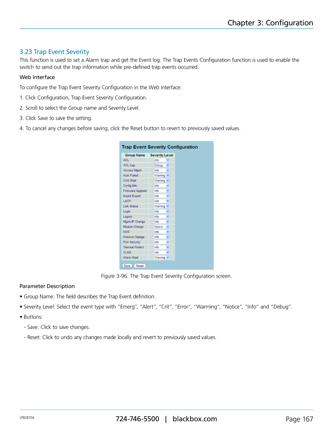 Black Box PoE+ Gigabit Managed Switch Eco, LPB2826A, LPB2810A, LPB2848A user manual Trap Event Severity 