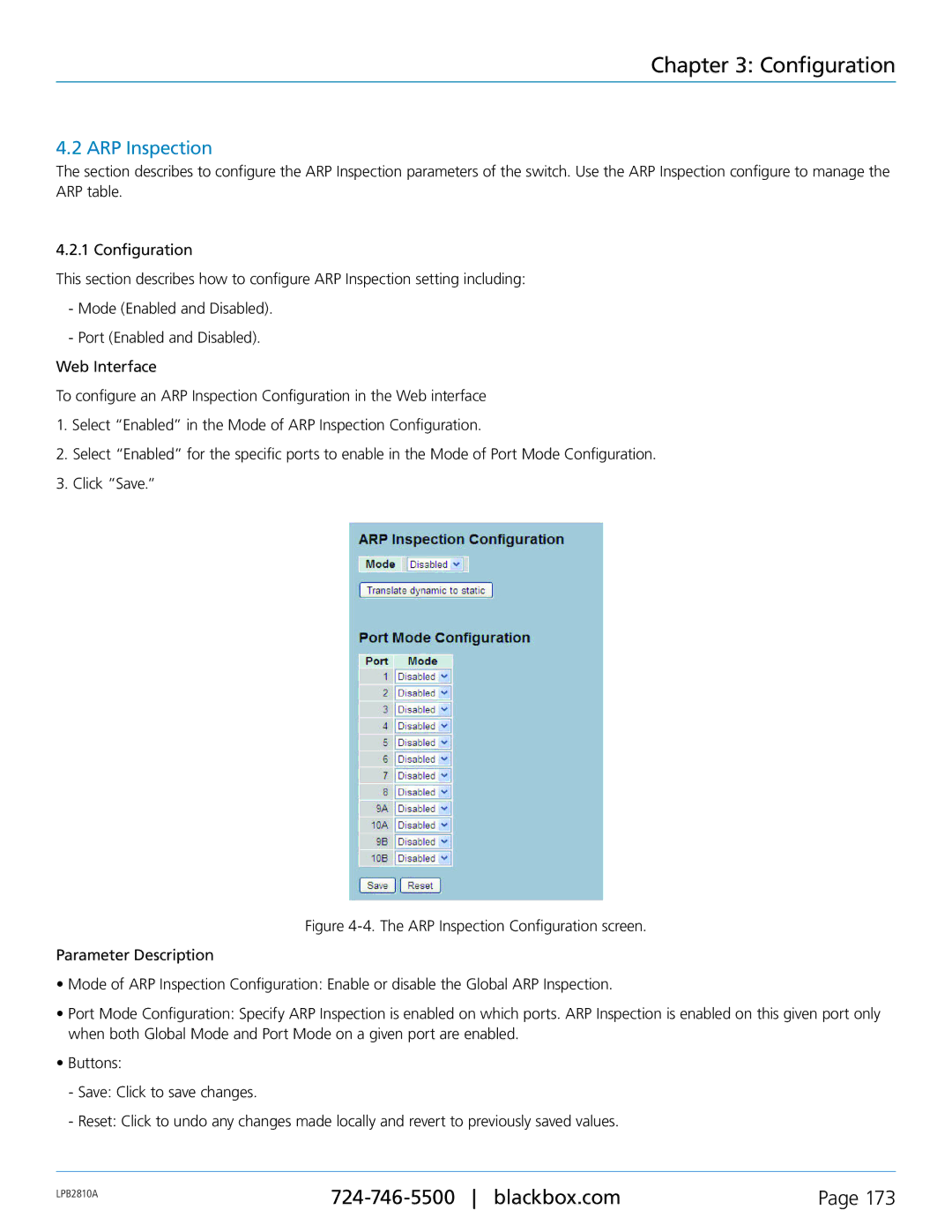 Black Box LPB2810A, LPB2826A, LPB2848A, PoE+ Gigabit Managed Switch Eco user manual ARP Inspection 