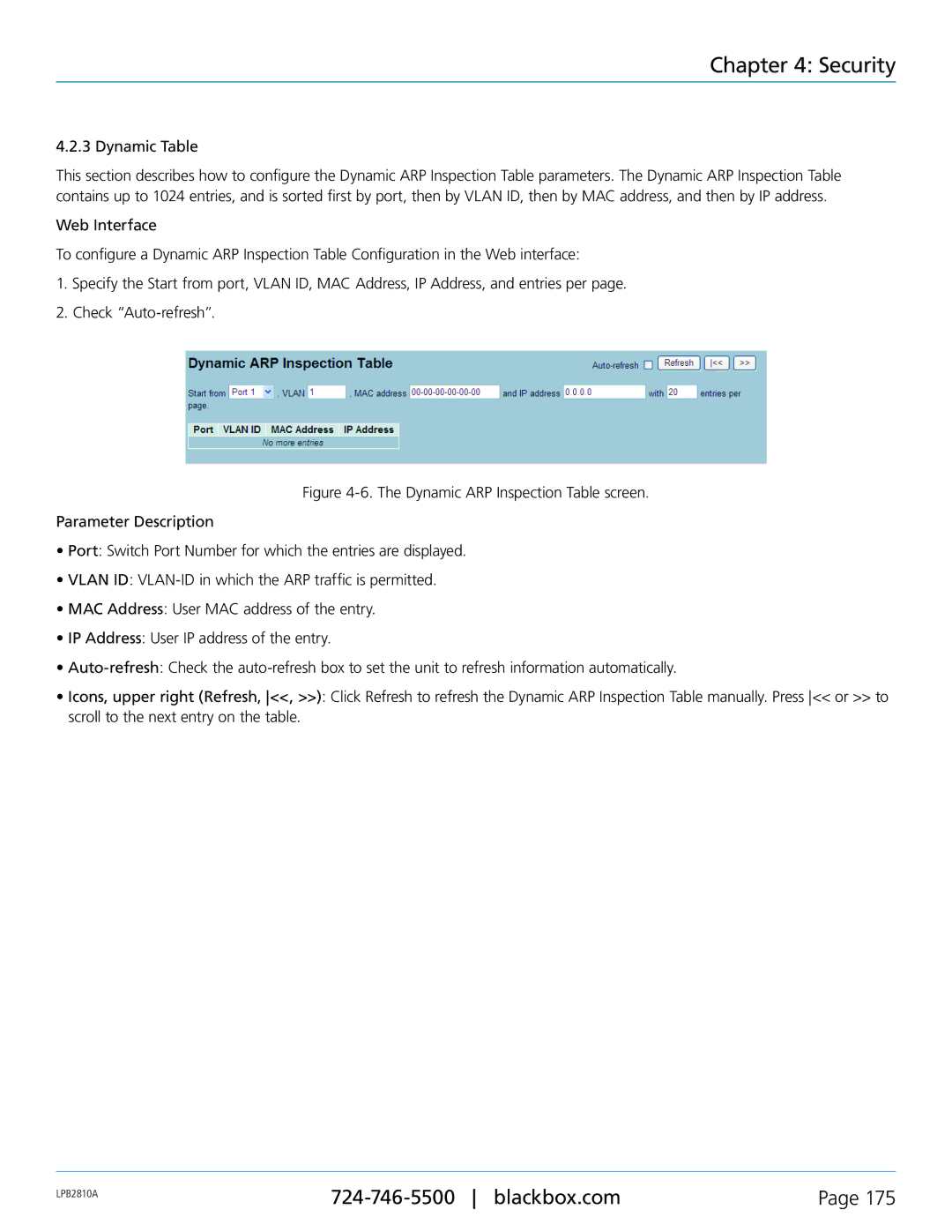 Black Box PoE+ Gigabit Managed Switch Eco, LPB2826A, LPB2810A, LPB2848A user manual Dynamic Table 