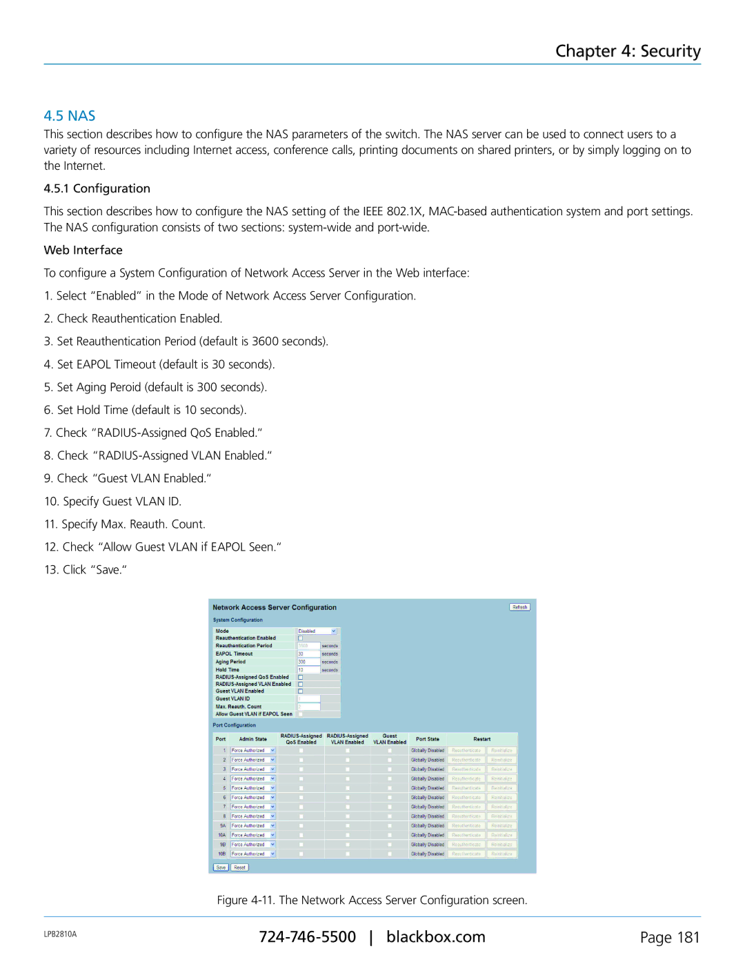 Black Box LPB2810A, LPB2826A, LPB2848A, PoE+ Gigabit Managed Switch Eco Nas, The Network Access Server Configuration screen 