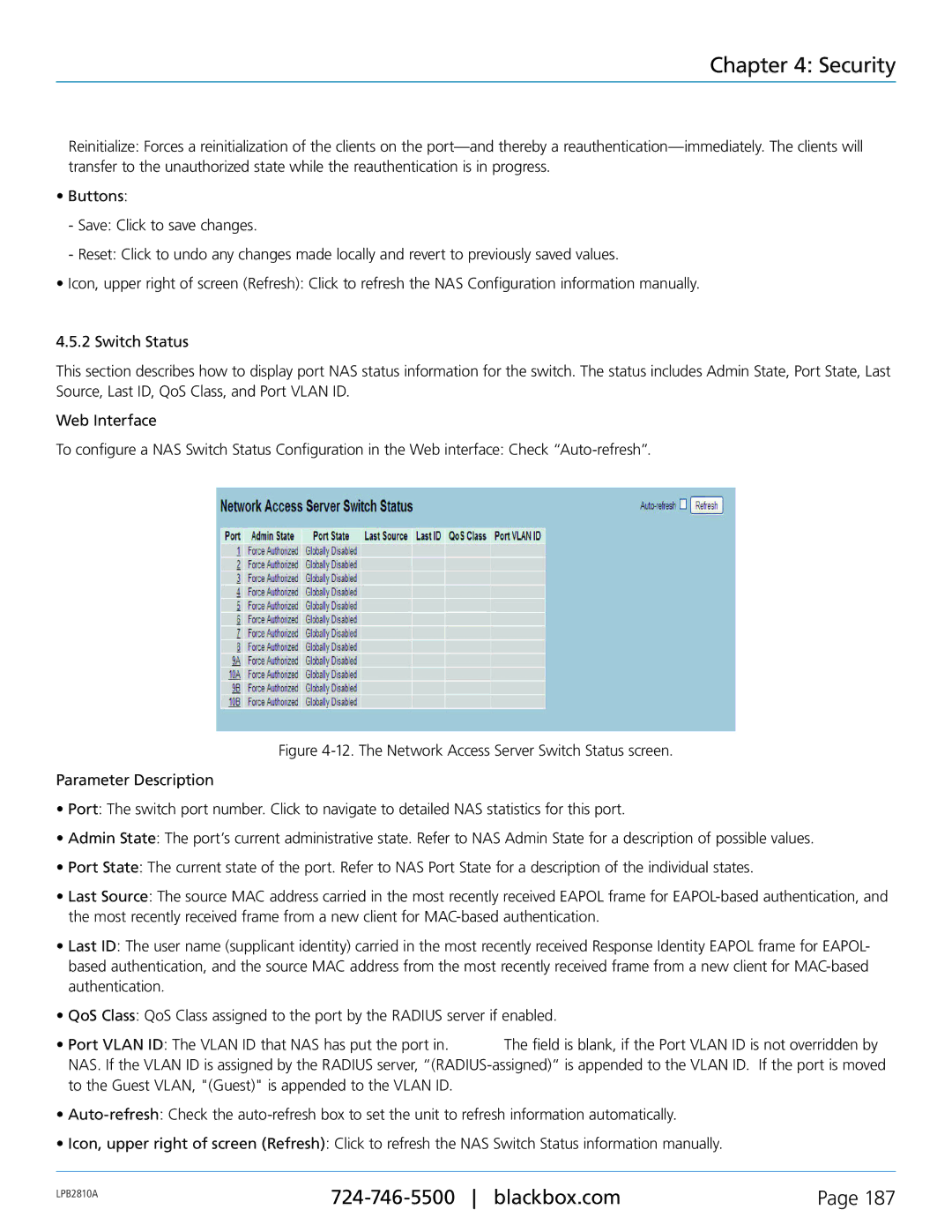 Black Box PoE+ Gigabit Managed Switch Eco, LPB2826A, LPB2810A, LPB2848A user manual Security 