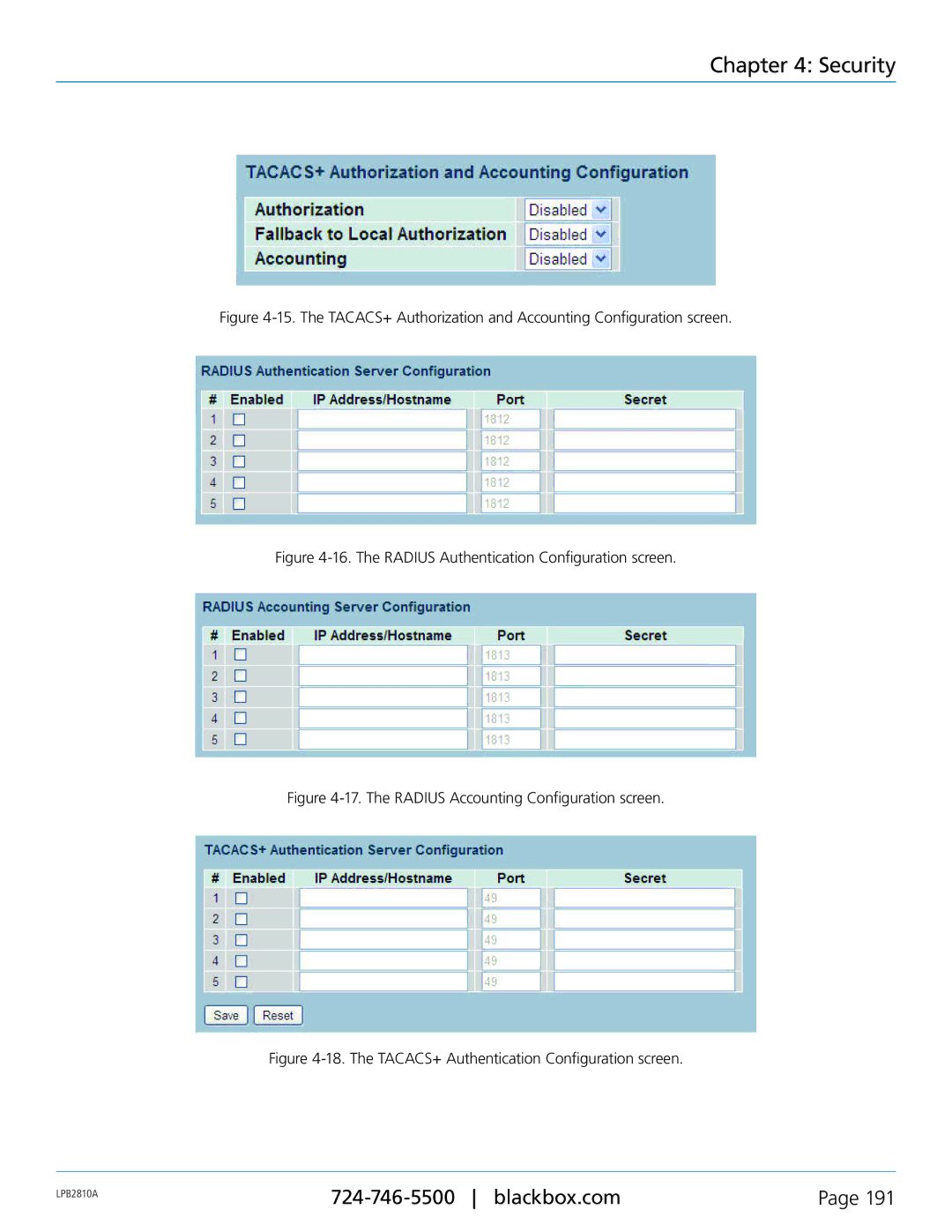 Black Box PoE+ Gigabit Managed Switch Eco, LPB2826A, LPB2810A, LPB2848A The Radius Authentication Configuration screen 