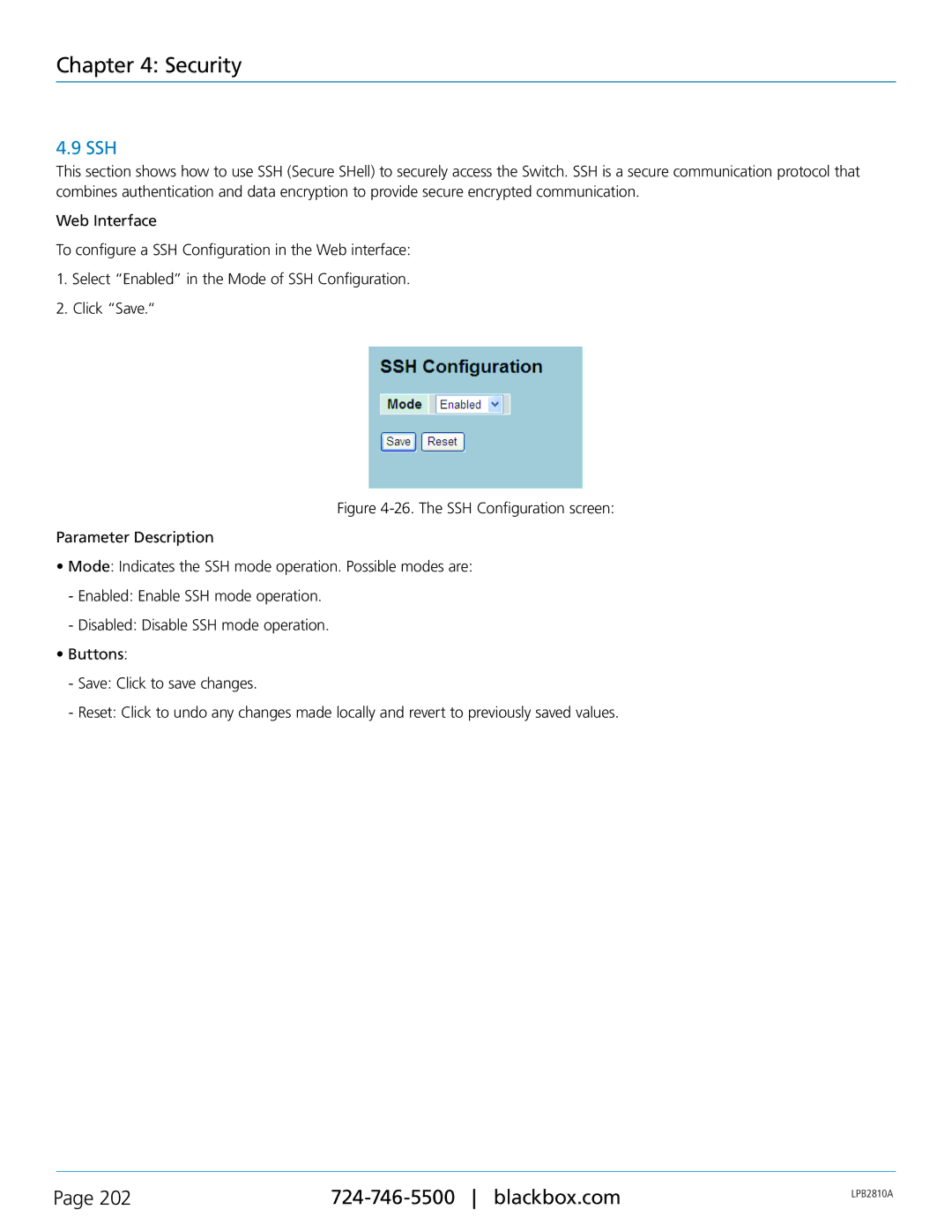 Black Box LPB2848A, LPB2826A, LPB2810A, PoE+ Gigabit Managed Switch Eco user manual Ssh 