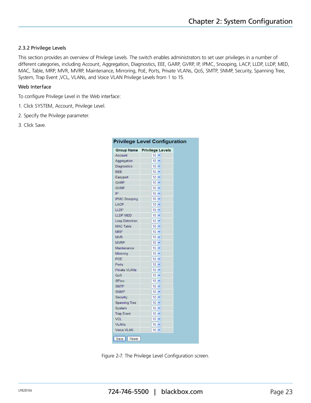 Black Box PoE+ Gigabit Managed Switch Eco, LPB2826A, LPB2810A, LPB2848A user manual Privilege Level Configuration screen 