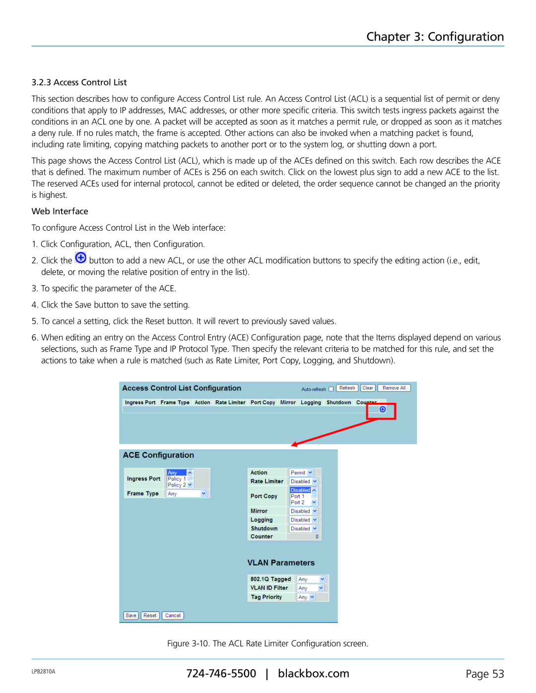 Black Box LPB2810A, LPB2826A, LPB2848A, PoE+ Gigabit Managed Switch Eco user manual The ACL Rate Limiter Configuration screen 
