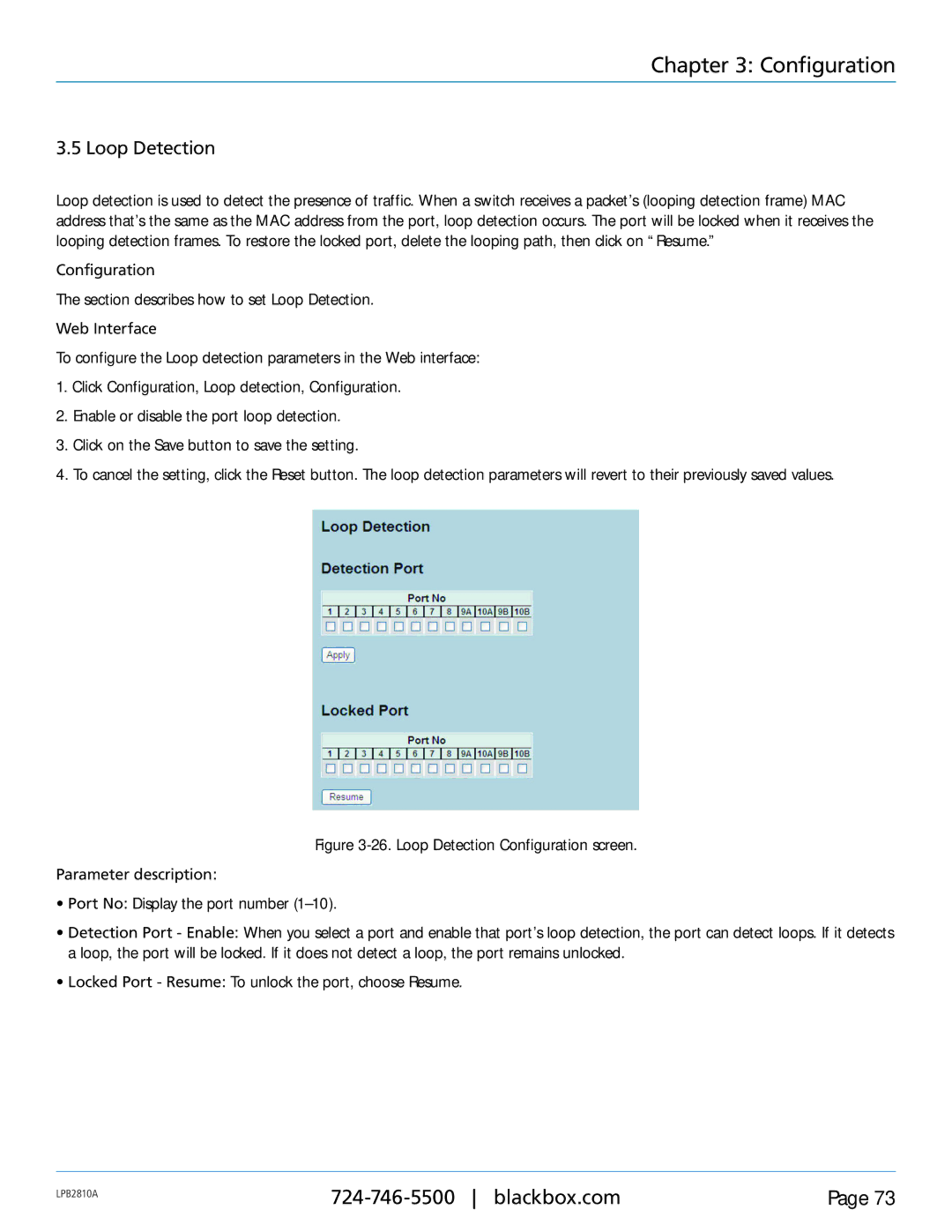 Black Box LPB2810A, LPB2826A, LPB2848A, PoE+ Gigabit Managed Switch Eco user manual Loop Detection 