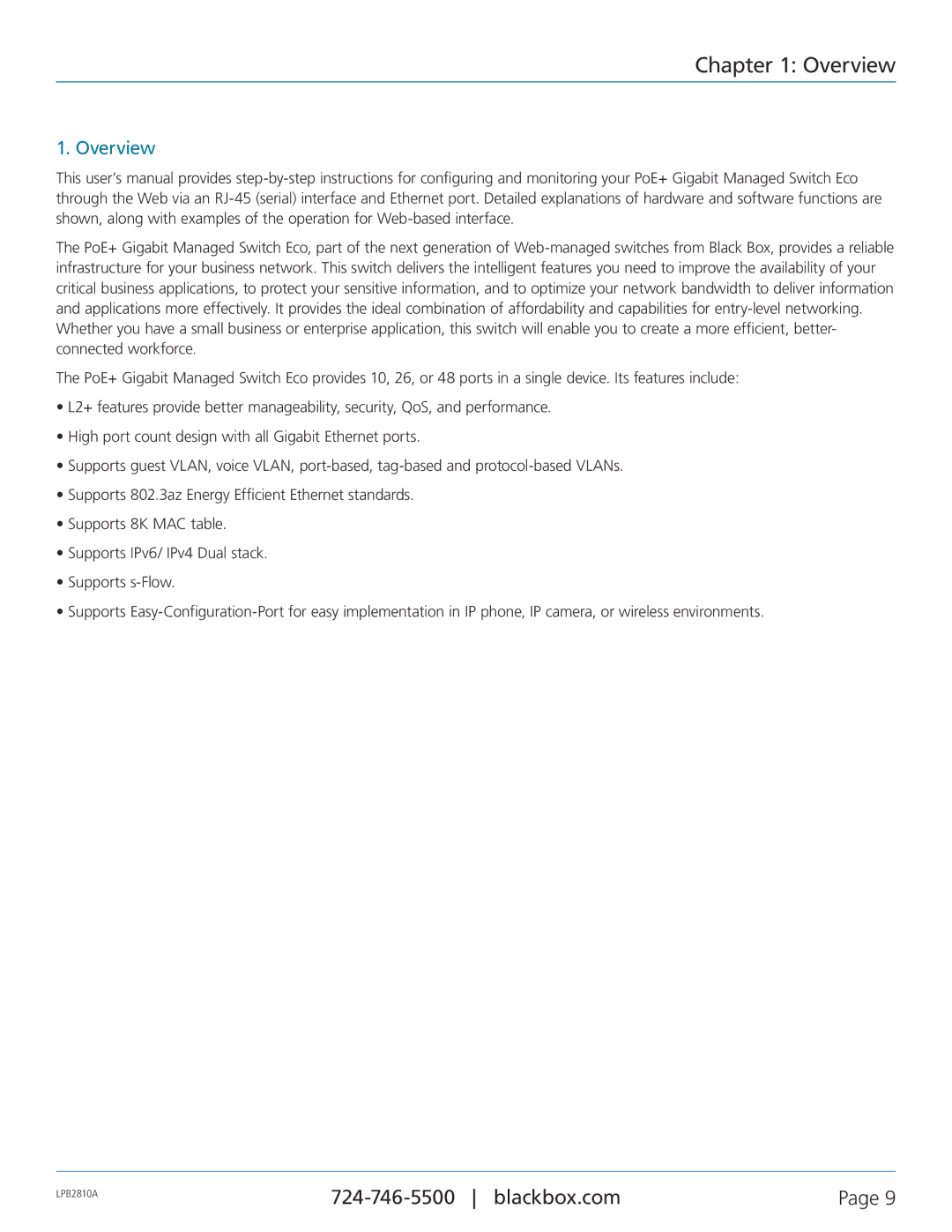 Black Box LPB2810A, LPB2826A, LPB2848A, PoE+ Gigabit Managed Switch Eco user manual Overview 