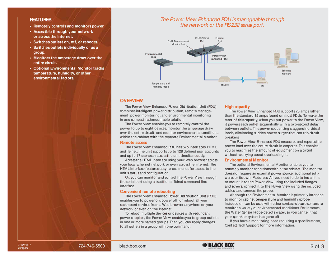 Black Box Power View Enhanced PDU manual Overview, Remote access, Convenient remote rebooting, High capacity 