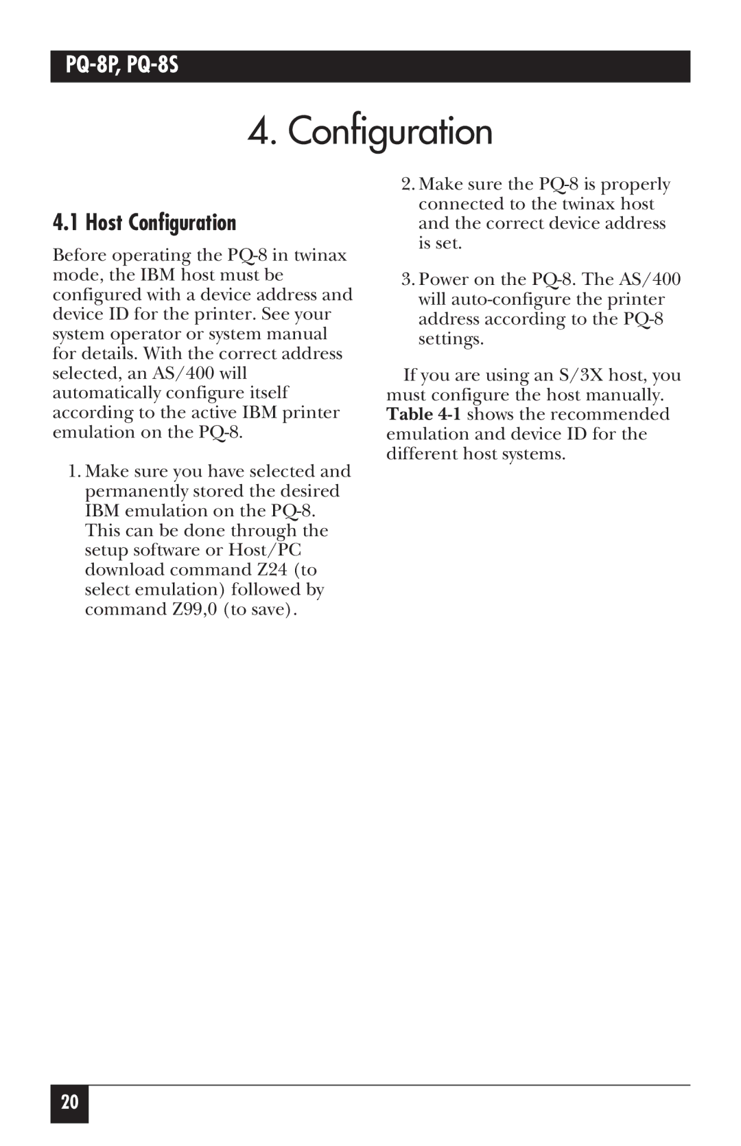 Black Box PQ-8P, PQ-8S manual Host Configuration 