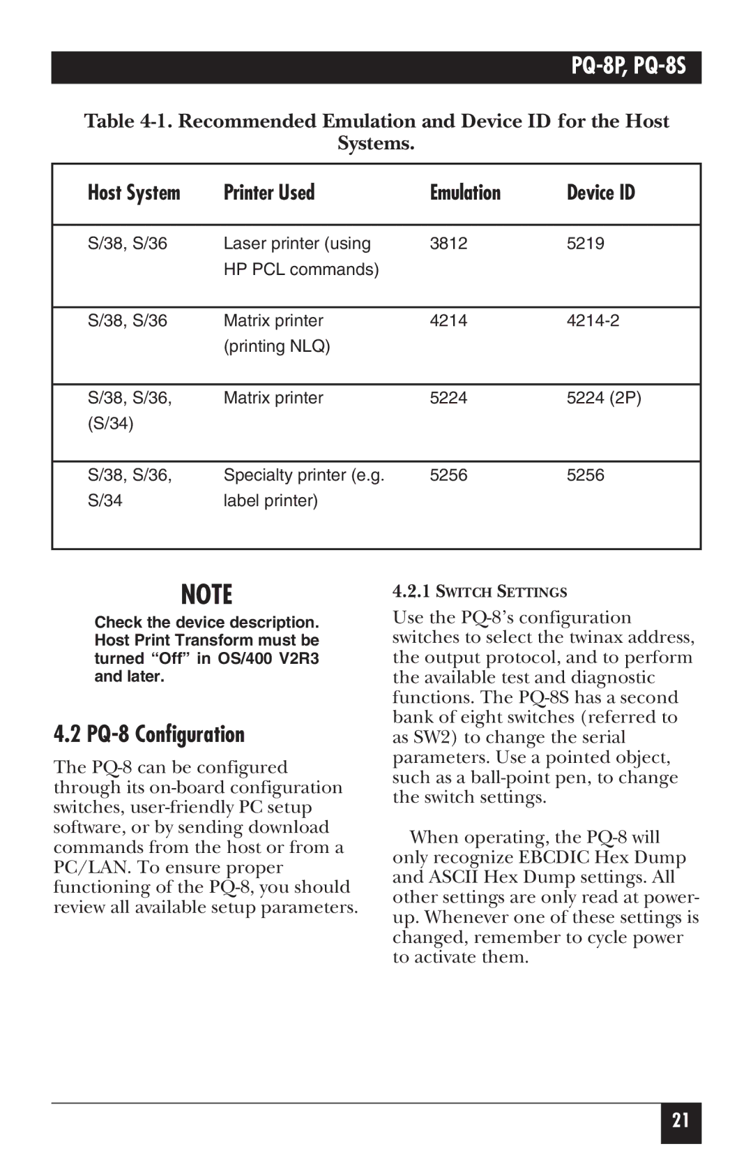 Black Box PQ-8S, PQ-8P manual PQ-8 Configuration, Host System Printer Used Emulation Device ID 