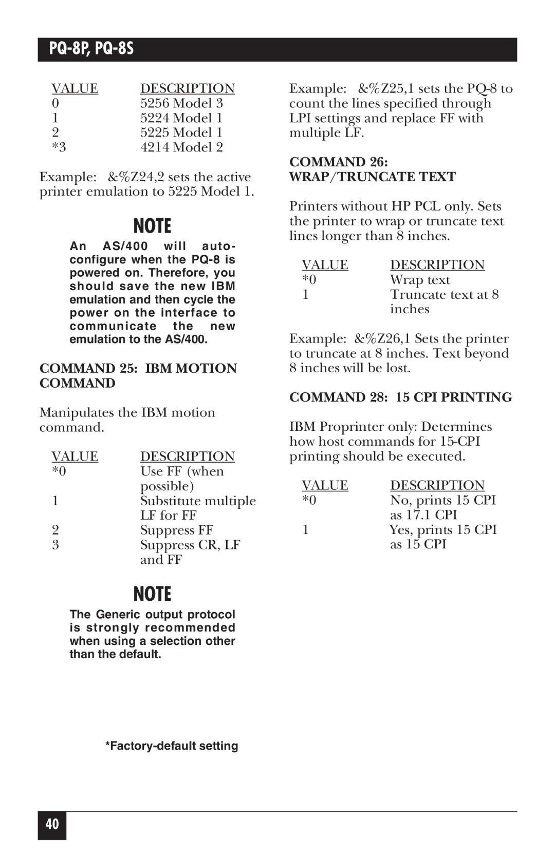 Black Box PQ-8P, PQ-8S manual Command 25 IBM Motion Command, Command WRAP/TRUNCATE Text, Command 28 15 CPI Printing 