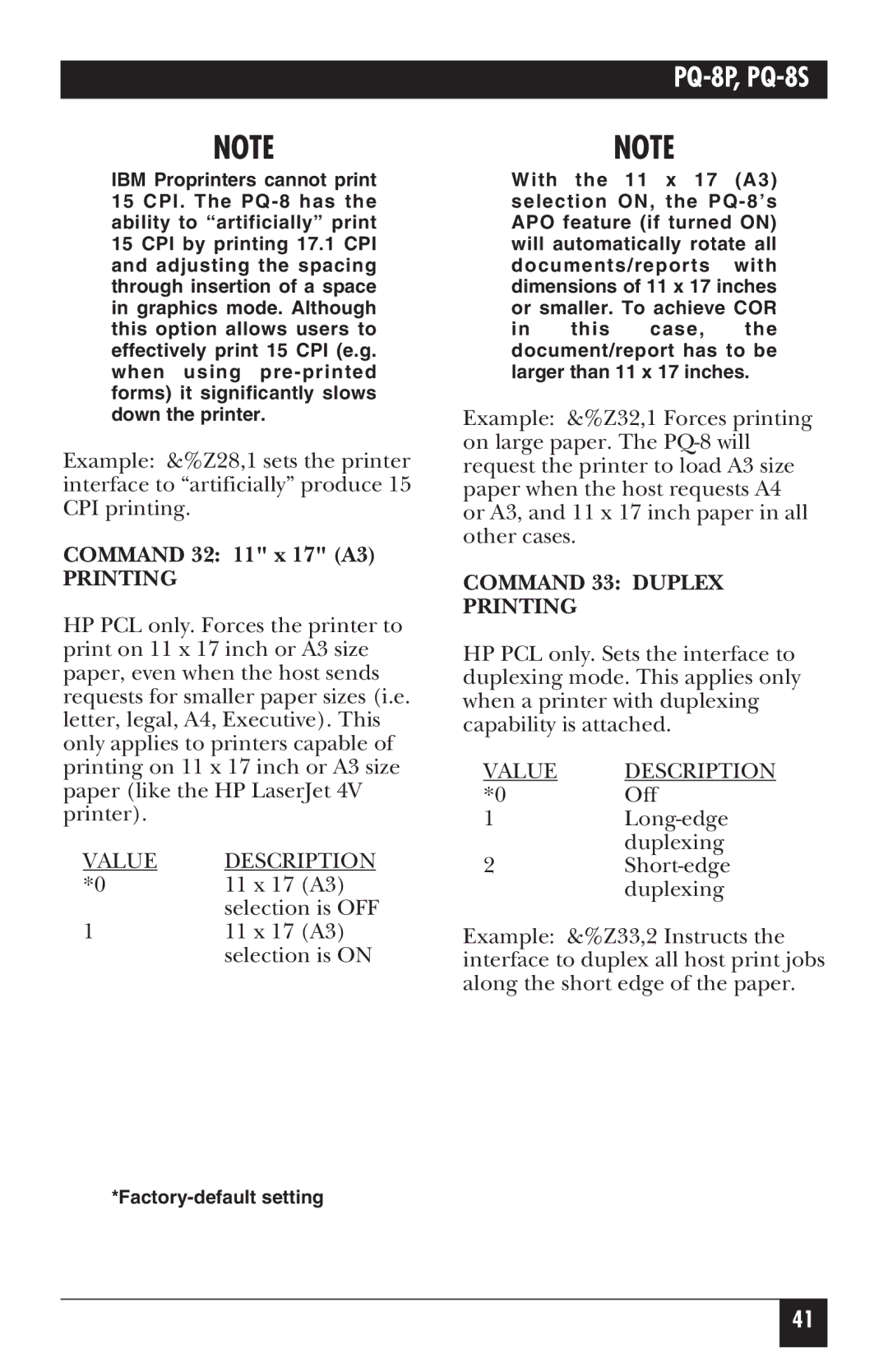 Black Box PQ-8S, PQ-8P manual Command 33 Duplex Printing 