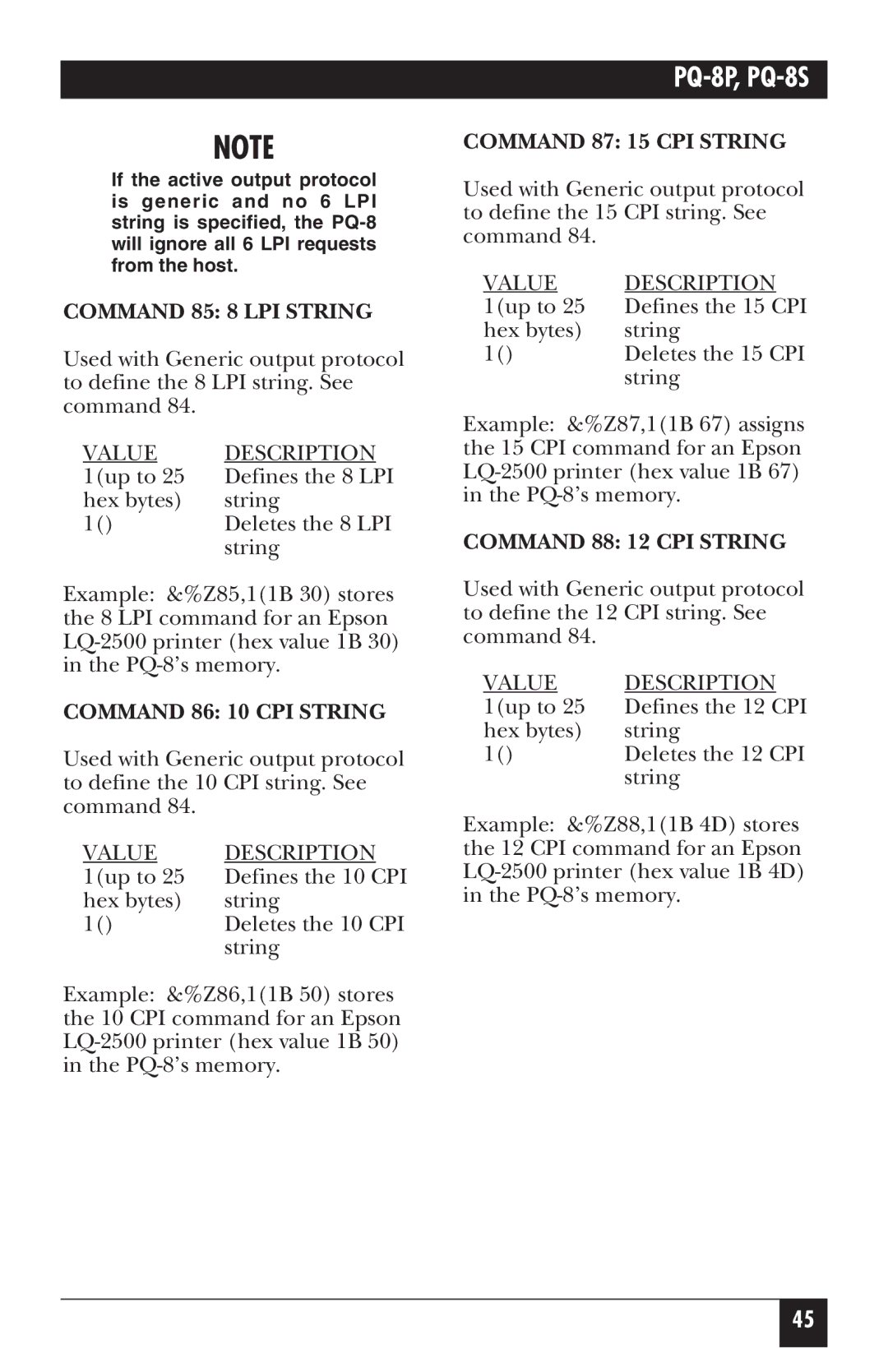 Black Box PQ-8S Command 85 8 LPI String, Command 86 10 CPI String, Command 87 15 CPI String, Command 88 12 CPI String 