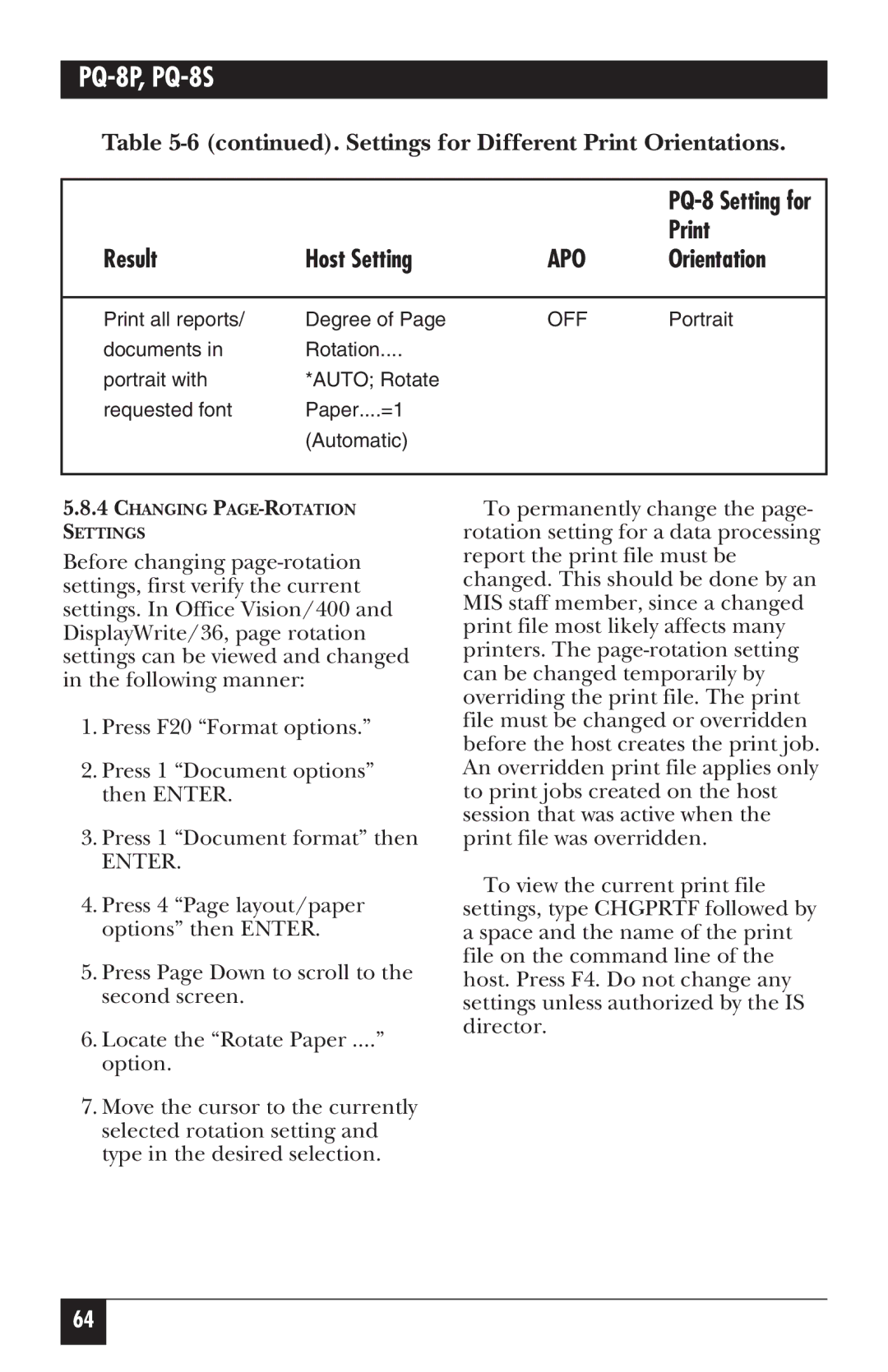 Black Box PQ-8P, PQ-8S manual Print, Result Host Setting, Orientation 