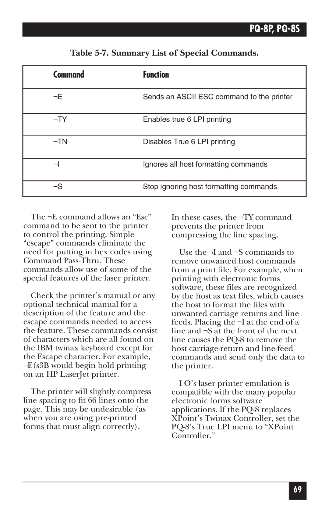 Black Box PQ-8S, PQ-8P manual Command Function, ¬Tn 