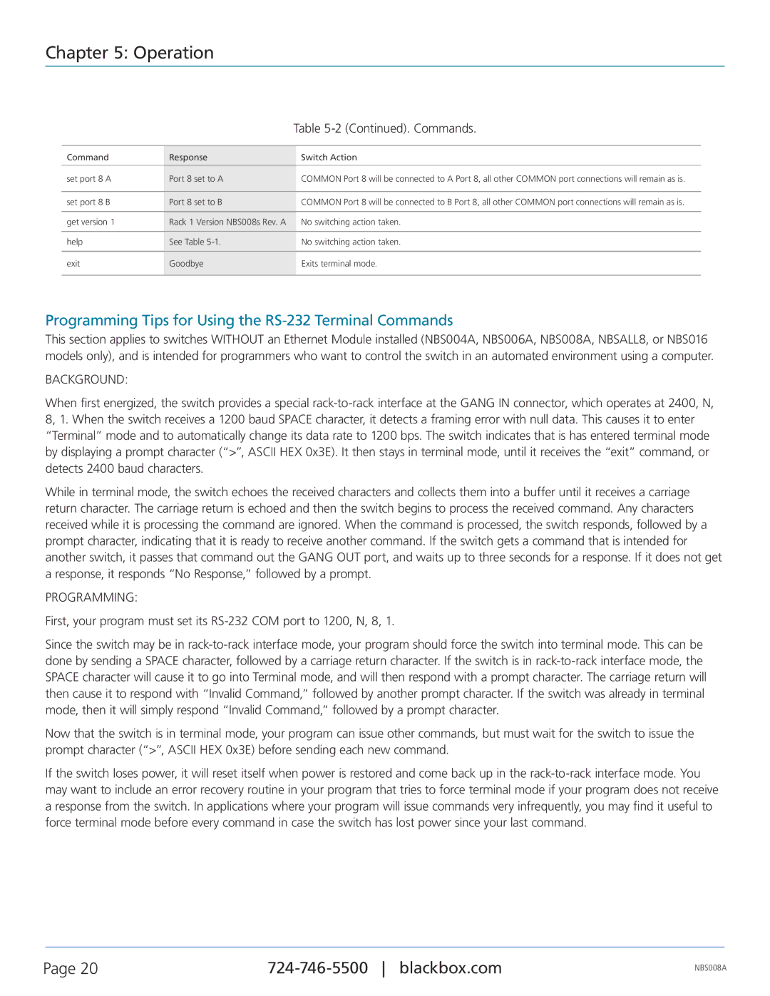 Black Box NBS008A manual Programming Tips for Using the RS-232 Terminal Commands, Background 