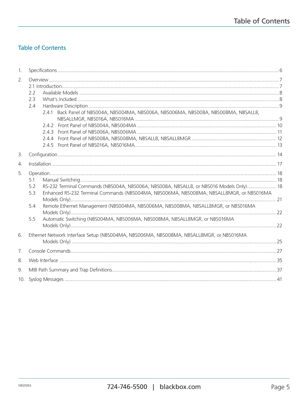 Black Box Pro Switching System 4 Network Backup Switches, NBS008A manual Table of Contents 