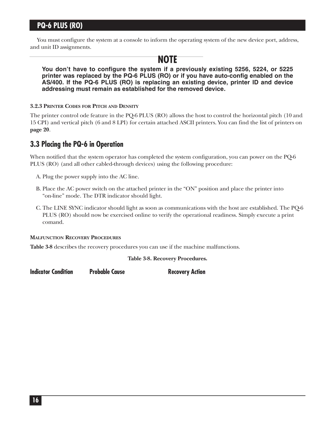 Black Box PS035A, PS034E, PCA35A-R3, PCA35AE-R2 manual Placing the PQ-6 in Operation 