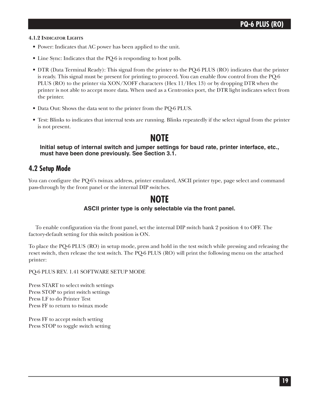 Black Box PS034E, PS035A, PCA35A-R3, PCA35AE-R2 manual Setup Mode, Ascii printer type is only selectable via the front panel 