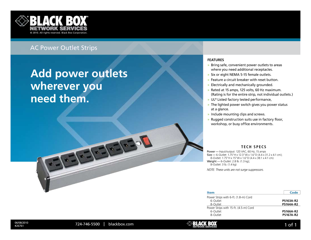 Black Box 26761, Ps164A-r2 manual Add power outlets wherever you need them, Blackbox.com, C h S p e c s, Features, Code 