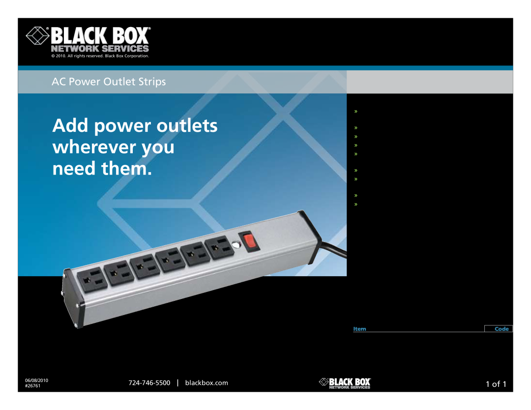 Black Box 26761 manual Add power outlets wherever you need them, AC Power Outlet Strips, 1 of, blackbox.com, Features 