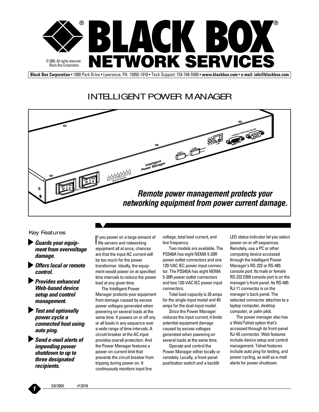 Black Box PS540A manual Intelligent Power Manager, Key Features, Offers local or remote control, Since the Power Manager 