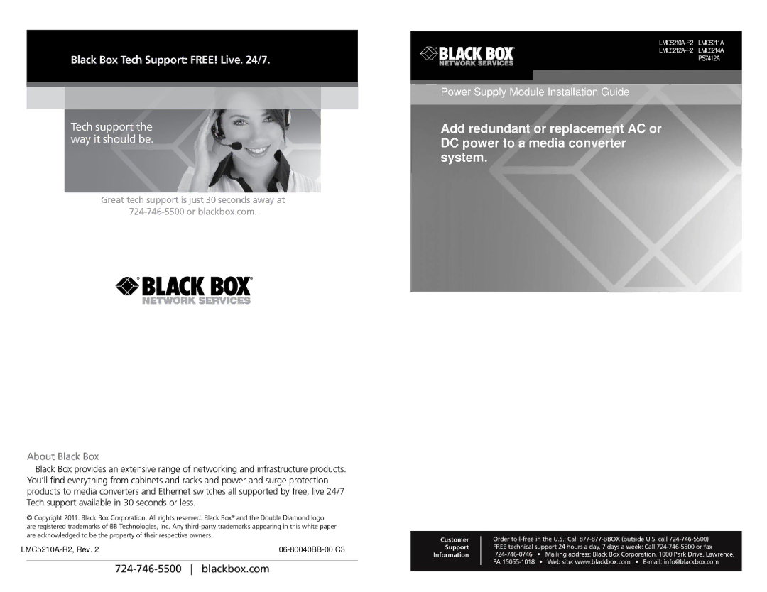 Black Box PS7412A, LMC5210A-R2, LMC5211A, LMC5212A-R2, LMC5214A manual Power Supply Module Installation Guide 