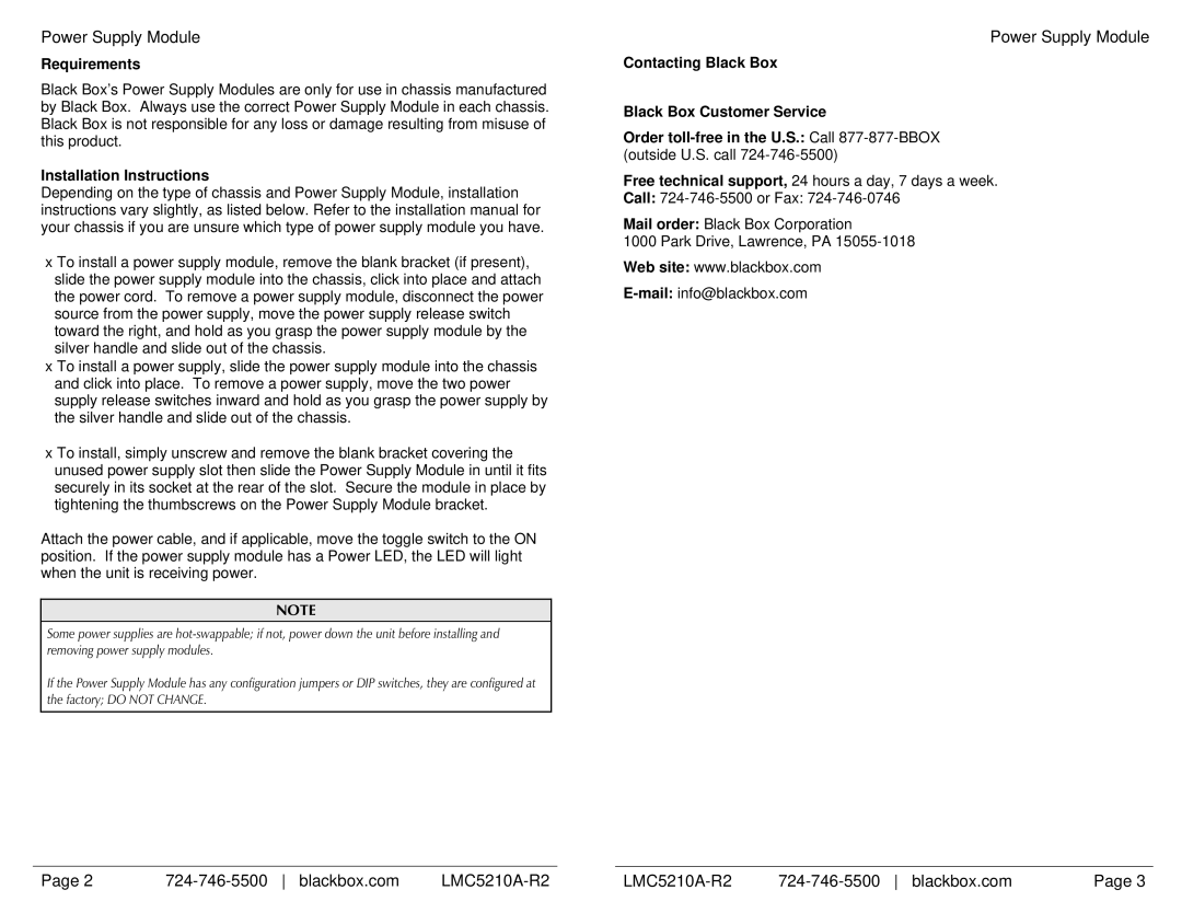 Black Box PS7412A, LMC5211A manual Power Supply Module, Blackbox.com LMC5210A-R2, Requirements, Installation Instructions 