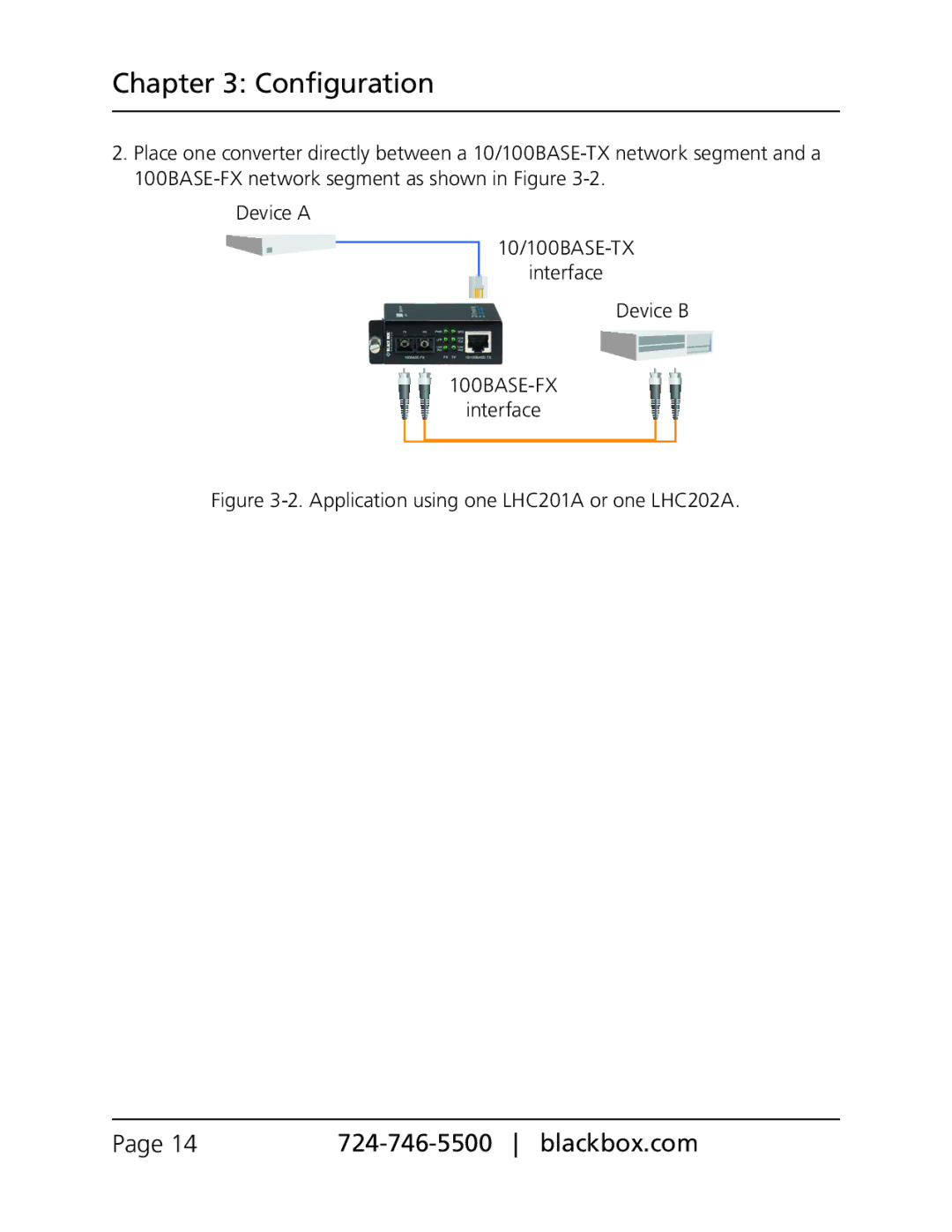 Black Box Pure Networking Fast Ethernet Media Converters manual Application using one LHC201A or one LHC202A 