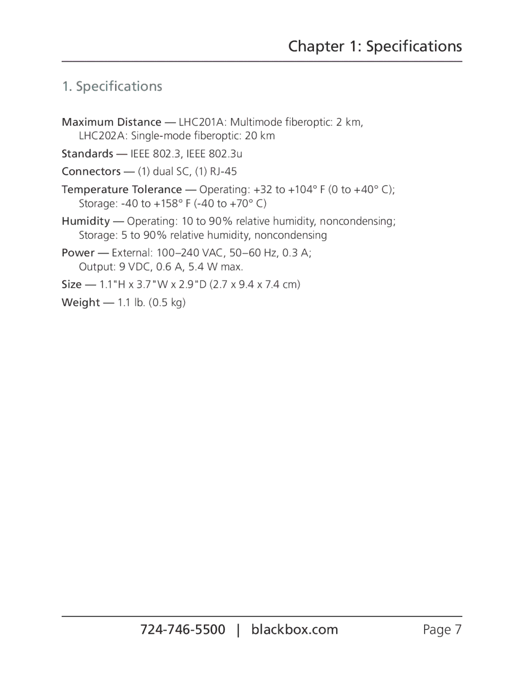 Black Box LHC202A, LHC201A, Pure Networking Fast Ethernet Media Converters manual Specifications 