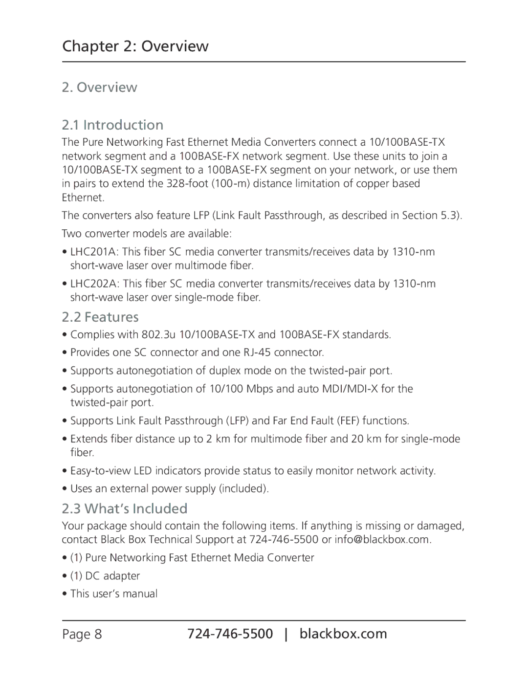 Black Box Pure Networking Fast Ethernet Media Converters, LHC201A Overview Introduction, Features, What’s Included 