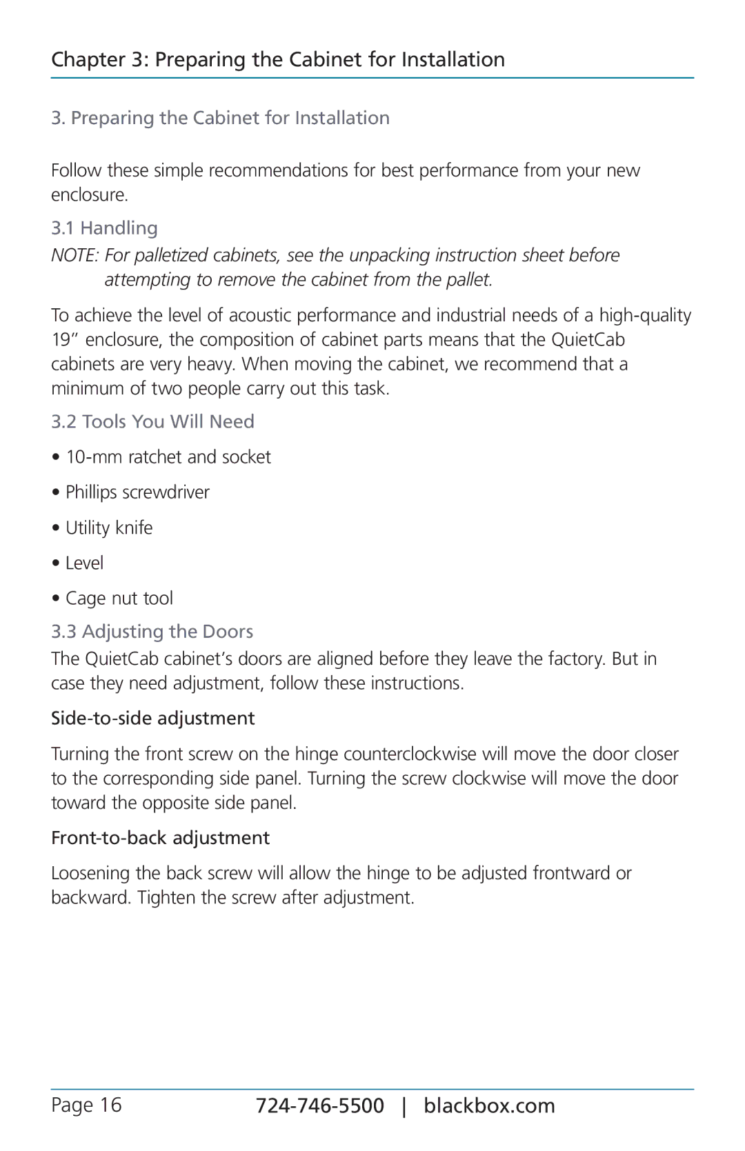 Black Box QuietCab, 12U Preparing the Cabinet for Installation, Handling, Tools You Will Need, Adjusting the Doors 