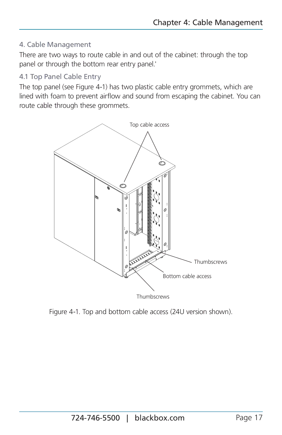 Black Box 12U, QuietCab user manual Cable Management, Top Panel Cable Entry 