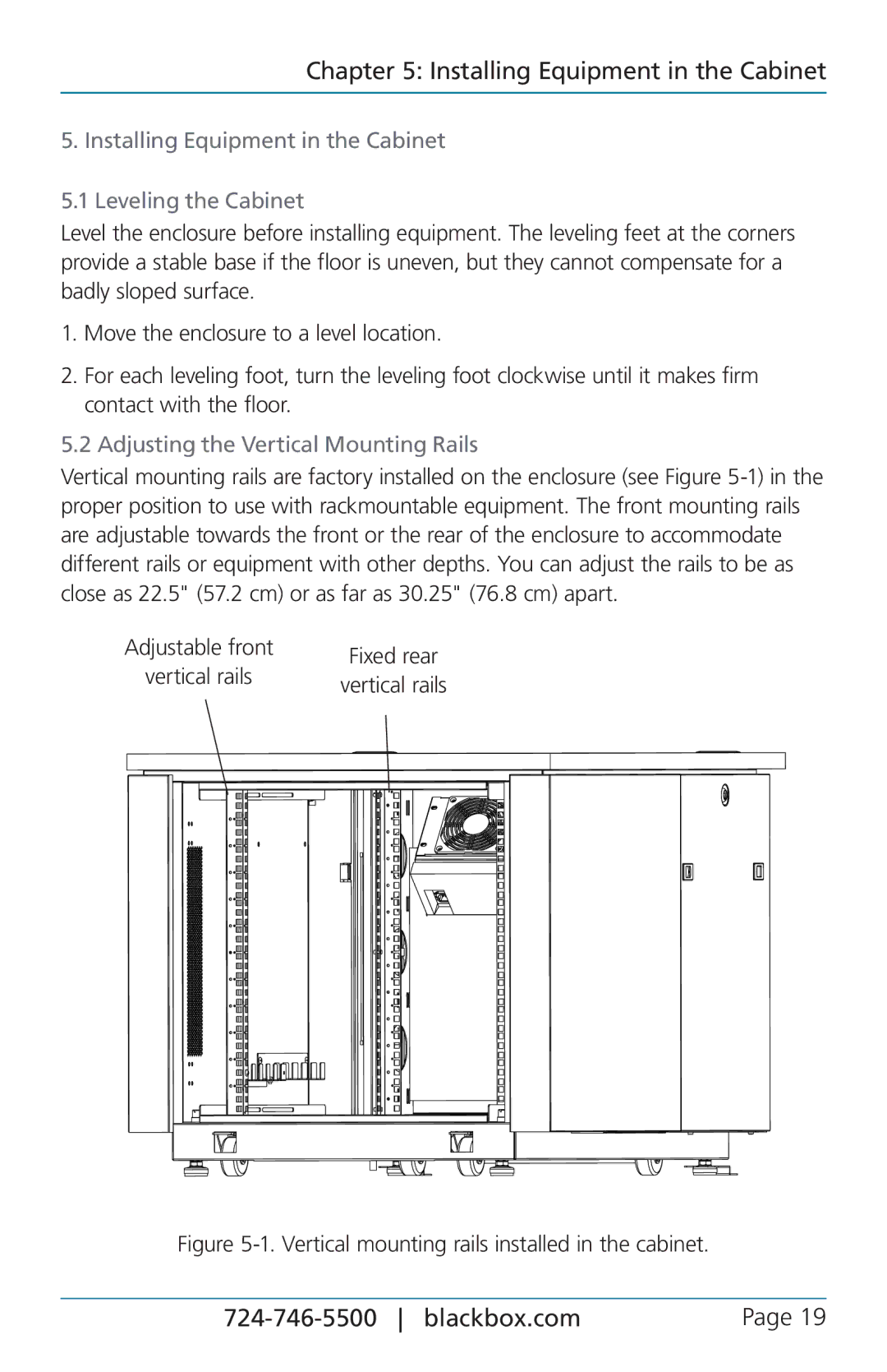 Black Box 12U Installing Equipment in the Cabinet Leveling the Cabinet, Adjusting the Vertical Mounting Rails 