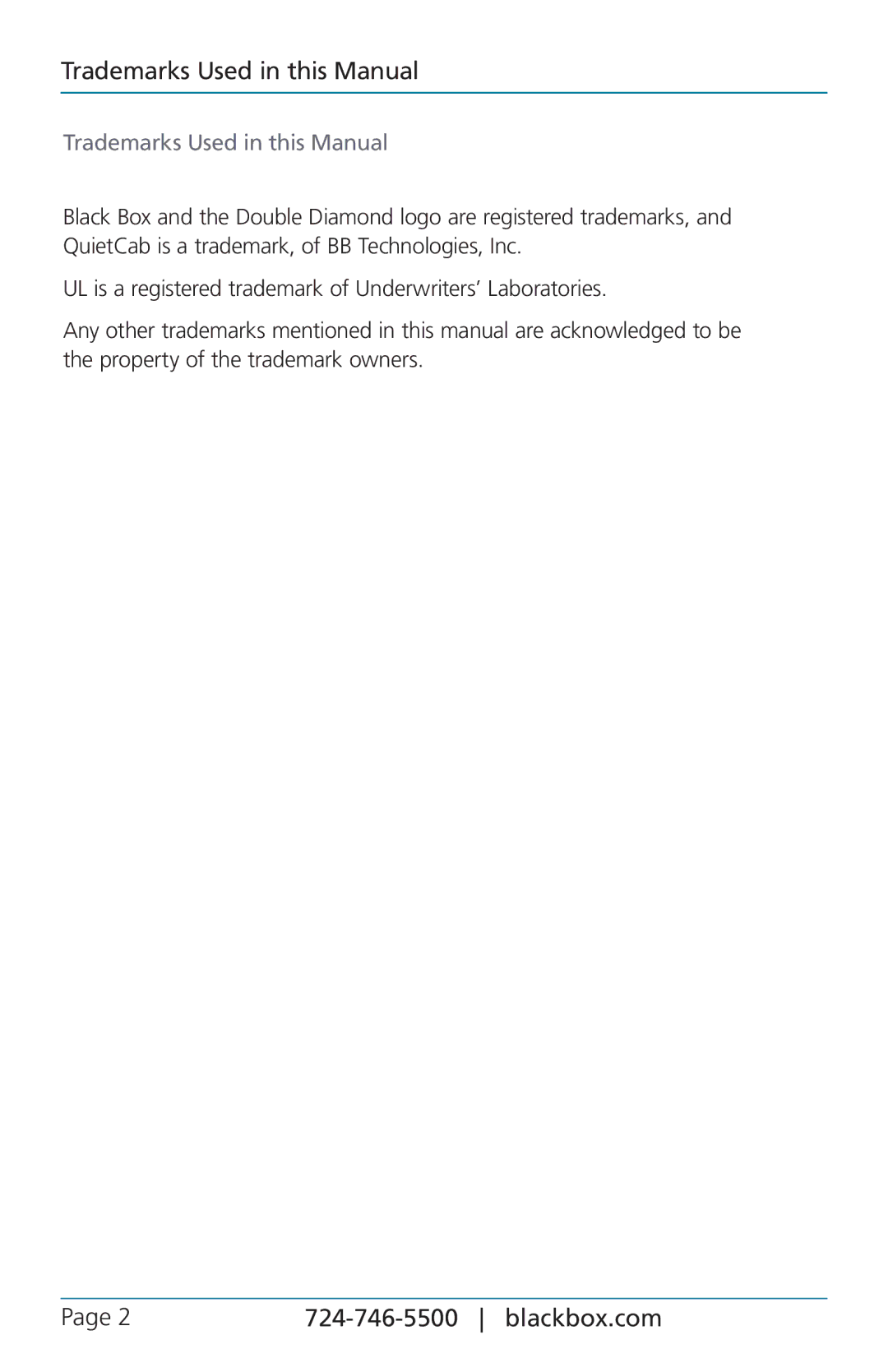 Black Box QuietCab, 12U user manual Trademarks Used in this Manual, Blackbox.com 