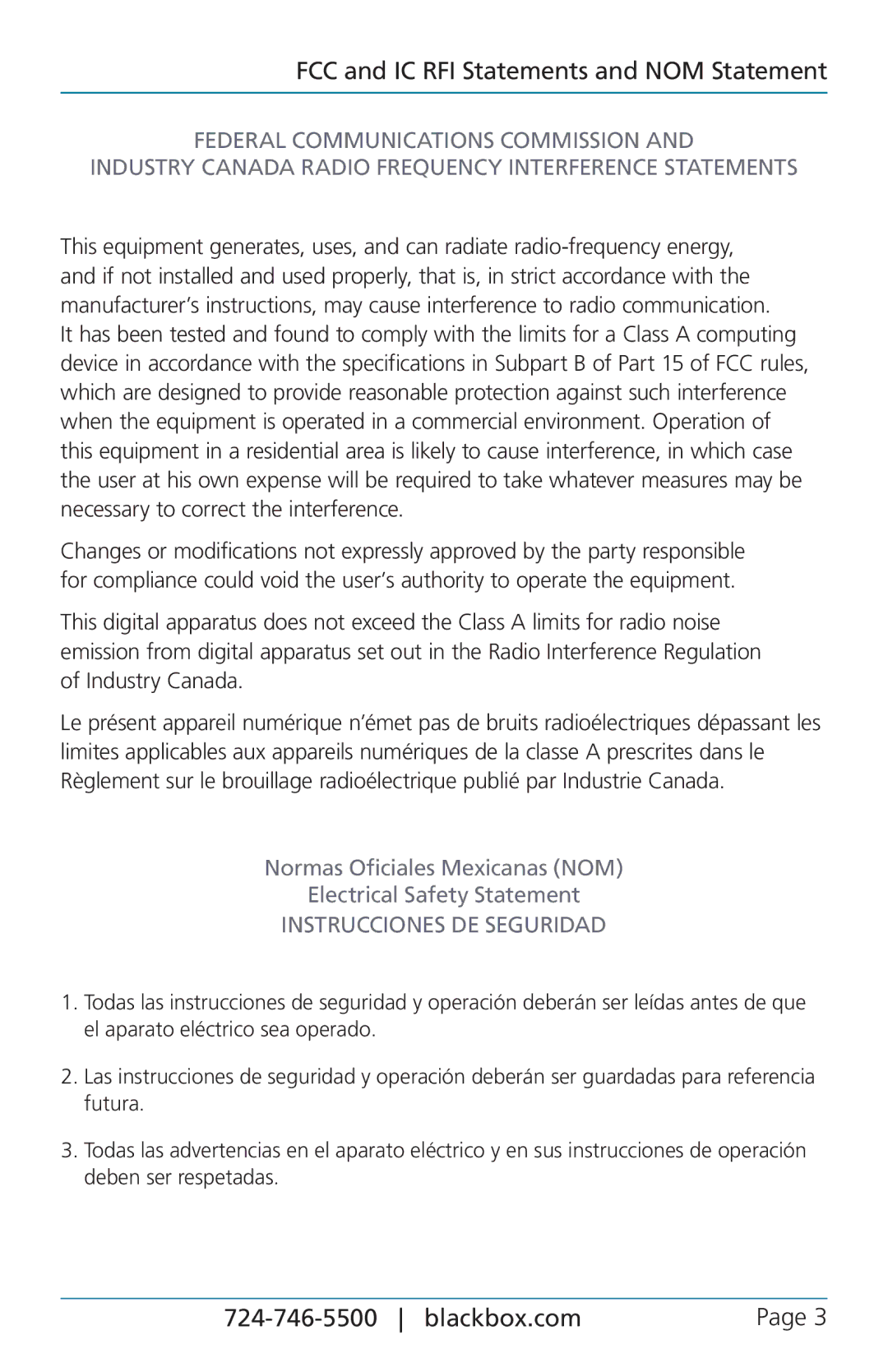 Black Box 12U FCC and IC RFI Statements and NOM Statement, Normas Oficiales Mexicanas NOM Electrical Safety Statement 