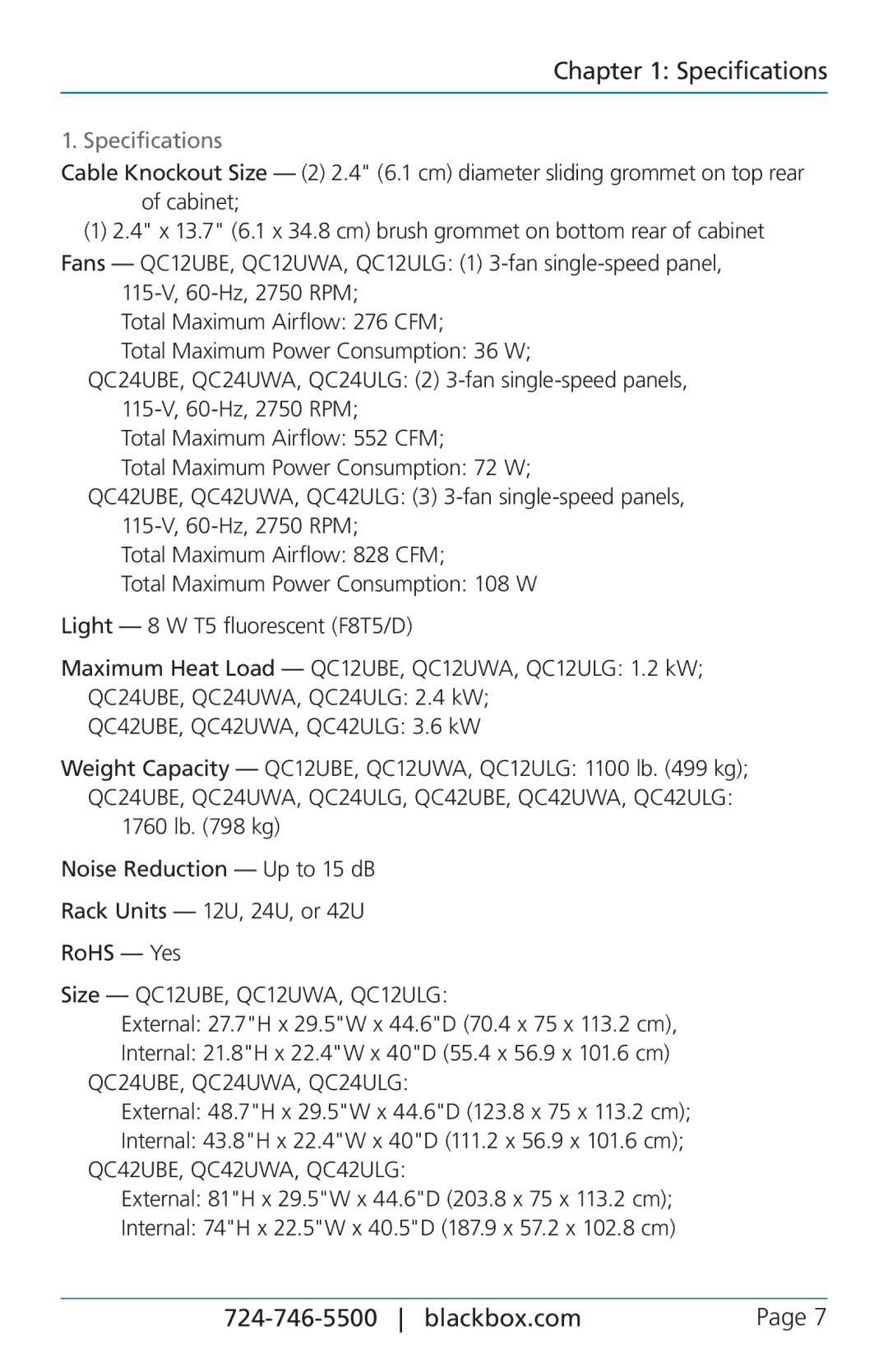 Black Box 12U, QuietCab user manual Specifications 