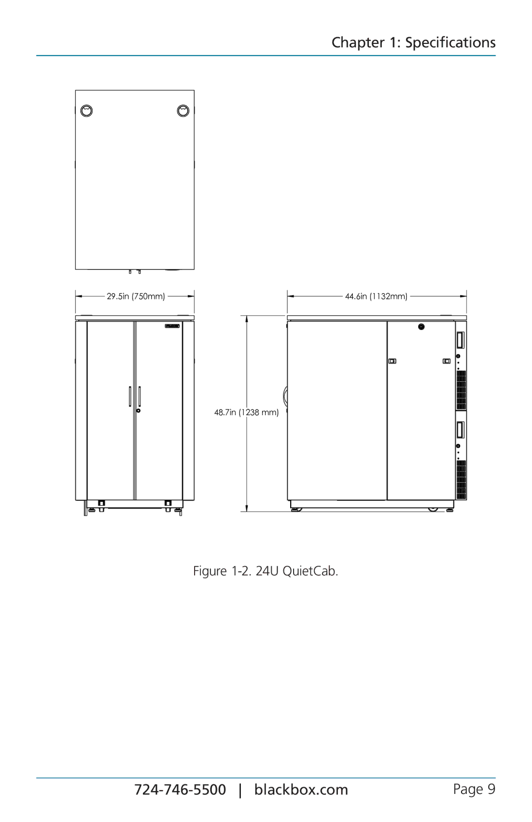 Black Box 12U, QuietCab user manual 29.5in 750mm 48.7in 1238 mm 44.6in 1132mm 