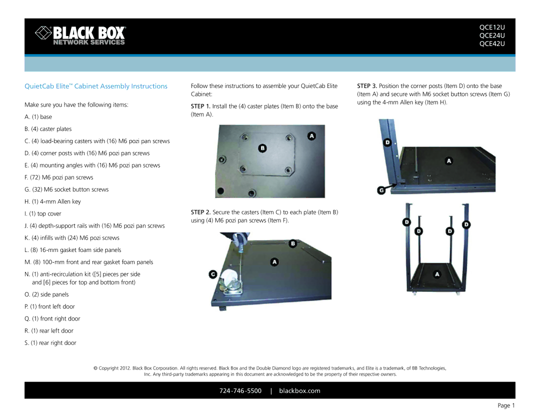 Black Box manual QuietCab Elite Cabinet Assembly Instructions, QCE12U QCE24U QCE42U, 724 -746 -5500 blackbox.com 