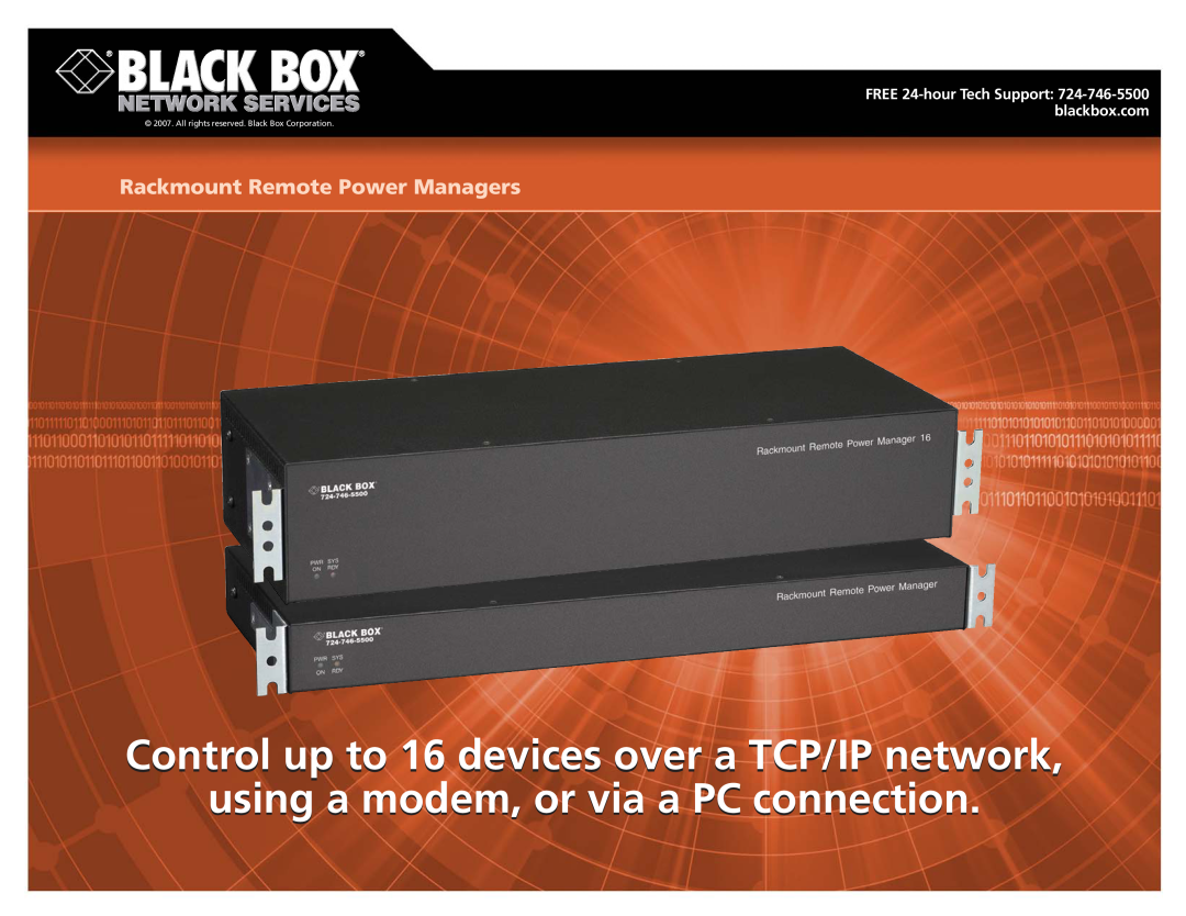 Black Box Rackmount Remote Power Managers manual Control up to 16 devices over a TCP/IP network 