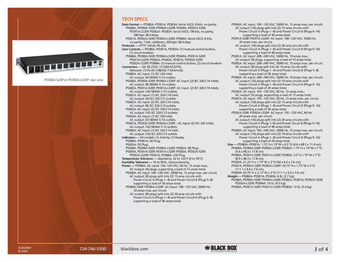 Black Box Rackmount Remote Power Managers manual Tech Specs, PS580A-PS581A 4 Plug PS565A 5 Plug 