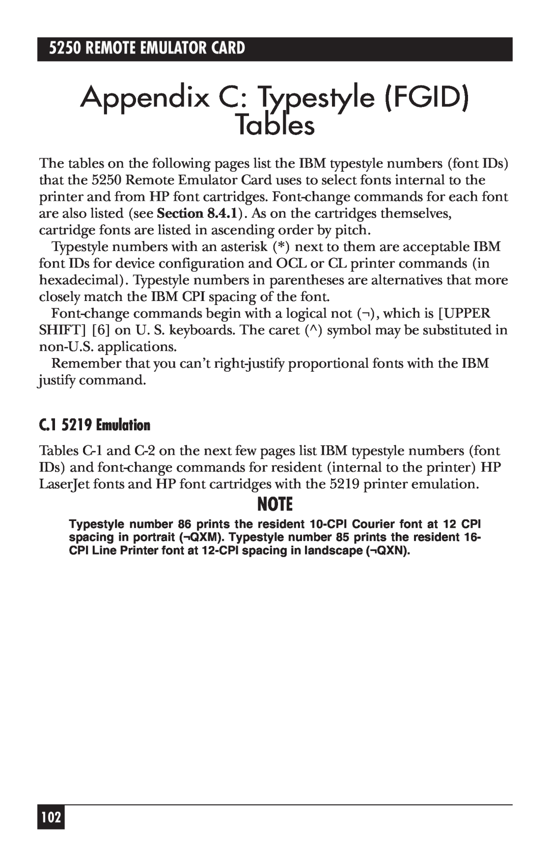 Black Box 5250 manual Appendix C: Typestyle FGID Tables, C.1 5219 Emulation, Remote Emulator Card 