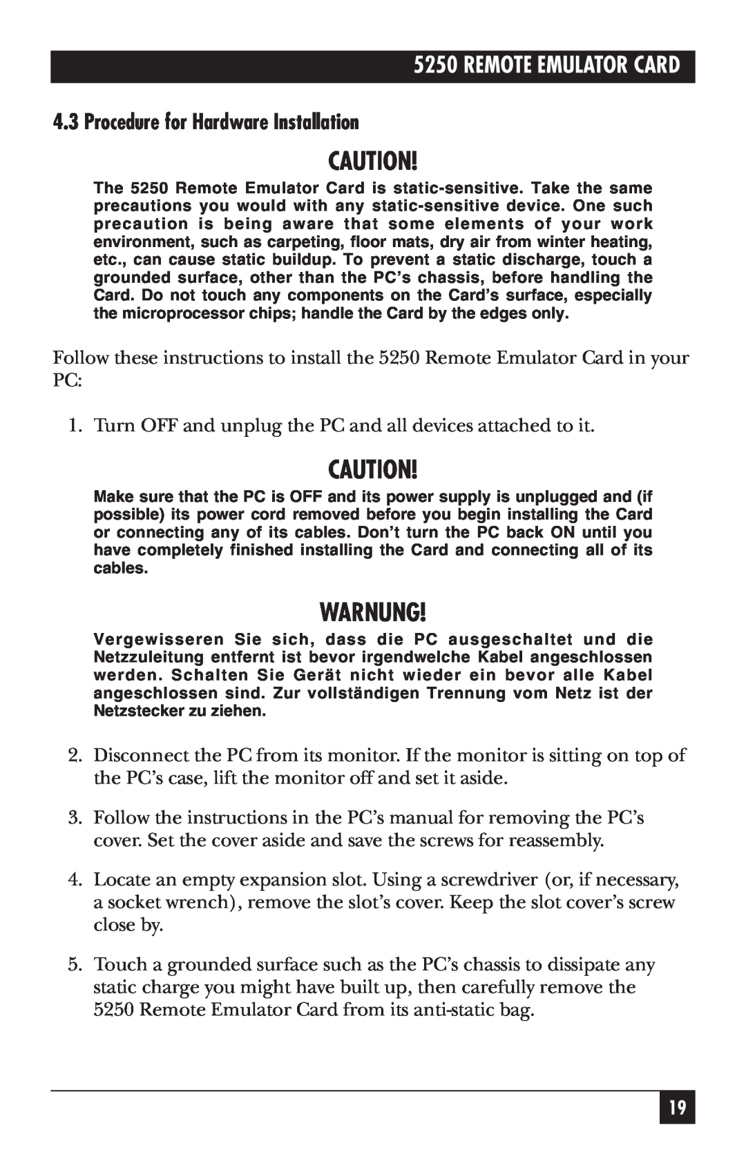 Black Box Remote Emulator Card, 5250 manual Procedure for Hardware Installation, Warnung 