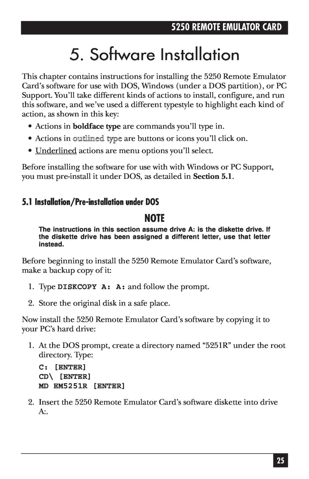 Black Box Remote Emulator Card, 5250 manual Software Installation, Installation/Pre-installationunder DOS 