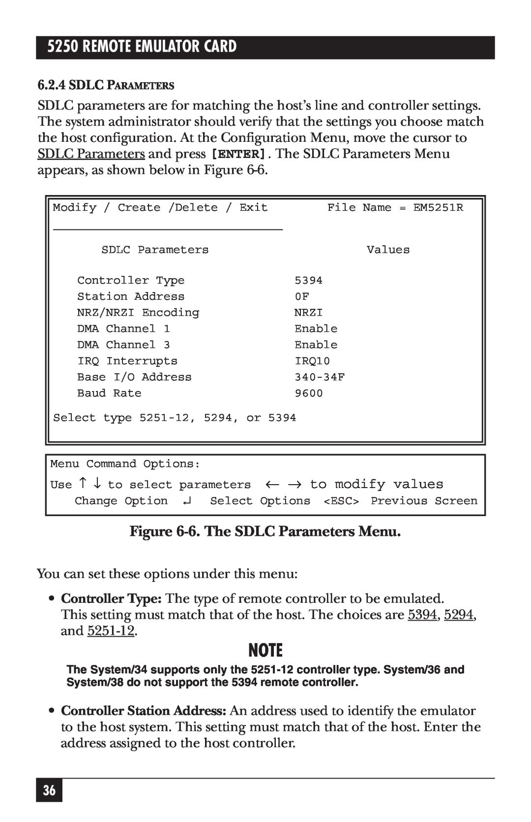 Black Box 5250 manual Remote Emulator Card, 6.The SDLC Parameters Menu 