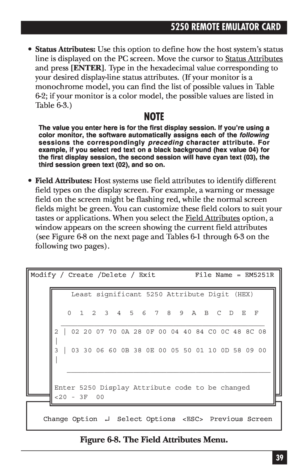 Black Box Remote Emulator Card, 5250 manual 8.The Field Attributes Menu 