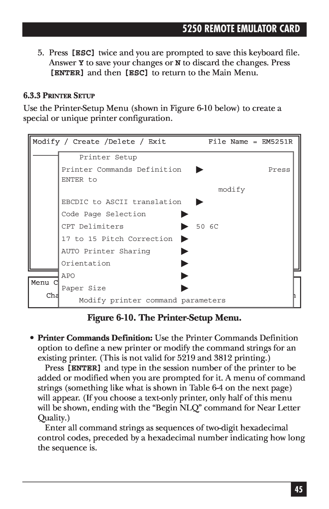 Black Box Remote Emulator Card, 5250 manual 10.The Printer-SetupMenu 