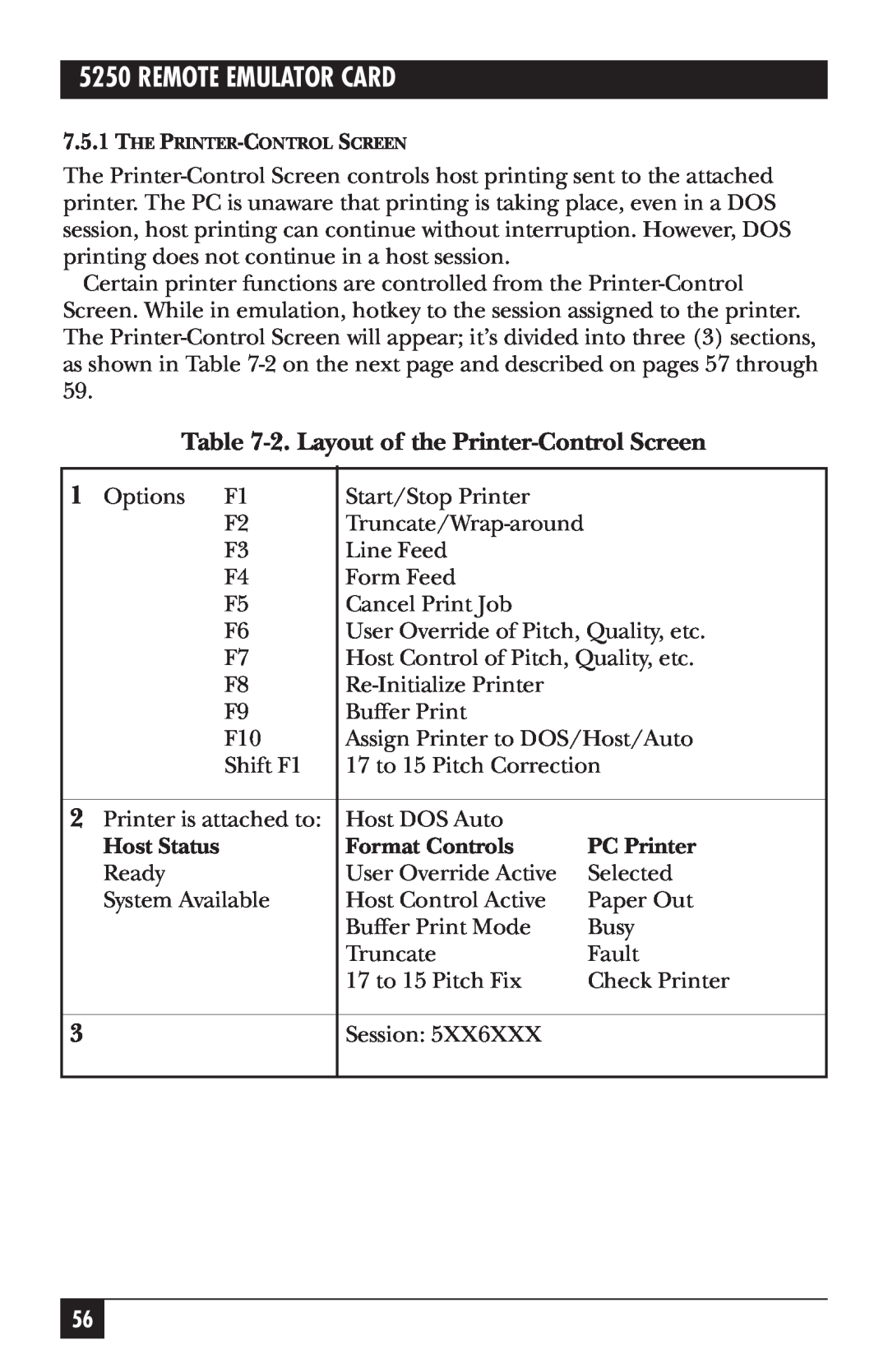 Black Box 5250 manual Remote Emulator Card, 2.Layout of the Printer-ControlScreen, Host Status, Format Controls, PC Printer 