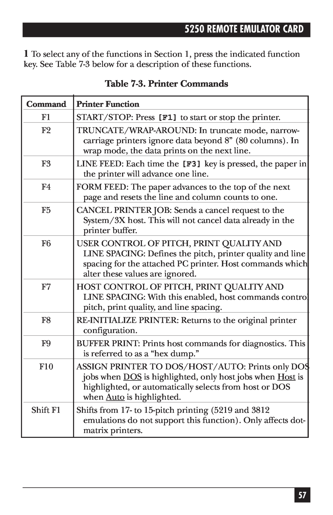 Black Box Remote Emulator Card, 5250 manual 3.Printer Commands, Printer Function 