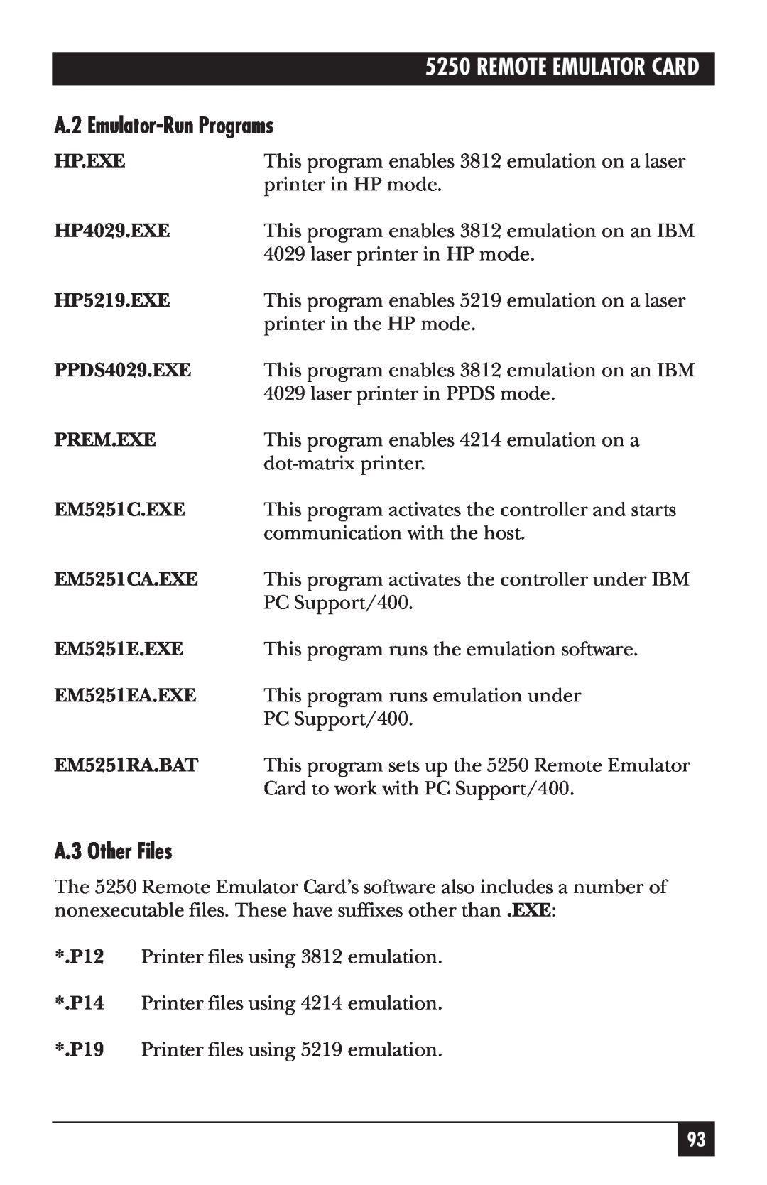 Black Box Remote Emulator Card, 5250 manual A.2 Emulator-RunPrograms, A.3 Other Files 